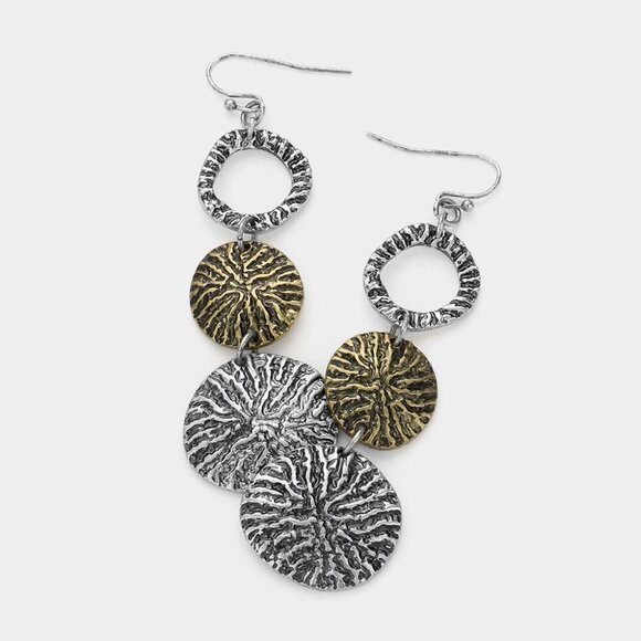 NEW Two Tone Silver Gold HammeredTriple Metal Disc Dangle Earrings - Picture 1 of 7